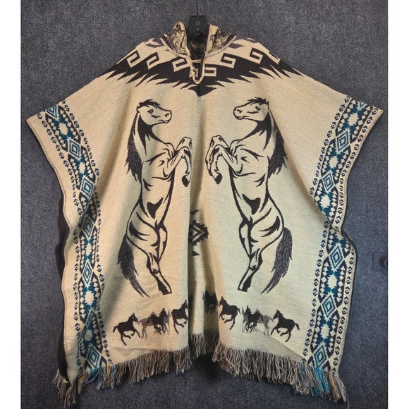 Southwestern Horse Hooded Poncho Blanket Shawl Fringe Cape Western Aztec Boho - Picture 12 of 16